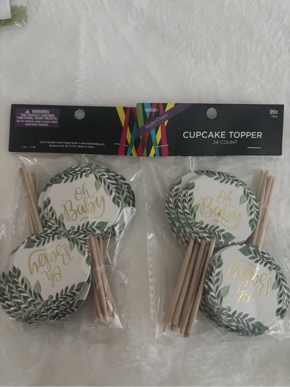 Oh Baby Green Leaf Cupcake Toppers - Gold Script 24 Count) FREE GIFT Final Sale